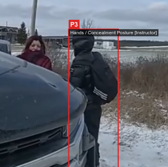 Body camera screenshot showing Hidden Hands / Concealment Posture detection